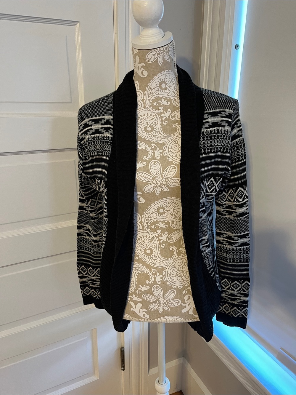 Say What? Black and Gray Patterned Open-Front Women's Cardigan
